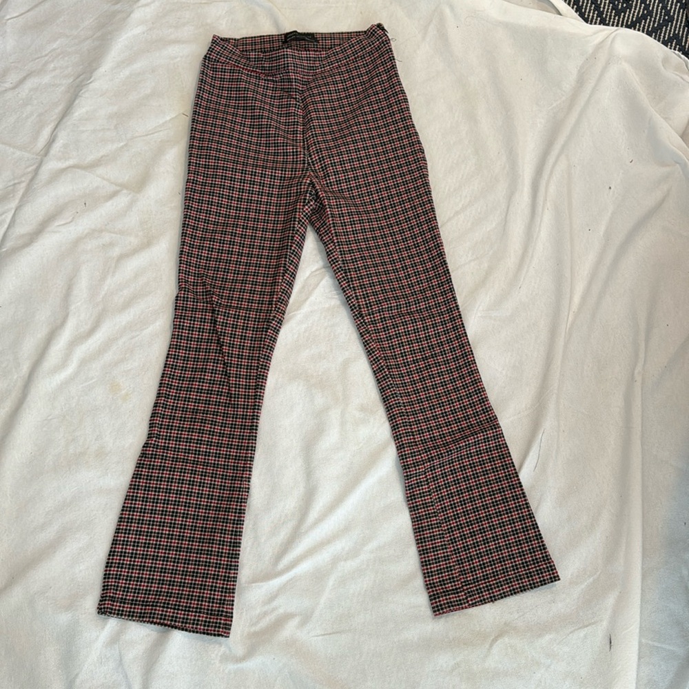 high waisted microplaid red and black flare stretch pants